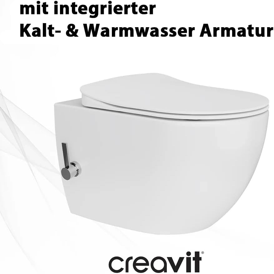 Creavit FREE Dusch WC Komplettanlage spülrandlos – Wandhängend Hänge-Bidet WC mit Warm-/Kaltwasser, Softclose WC Sitz
