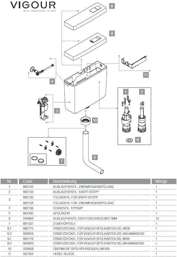 VIGOUR Spülkasten, Start-Stopp, 6-9 L Füllventil wassersparend, weiss V2SP9N