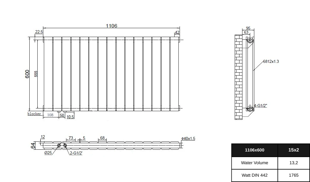 Technische Zeichnung eines Design-Heizkörpers 1106 x 600 mm mit Maßangaben, Anschlussdetails (G1/2"), 15x2 Elementen, 13,2 Liter Wasserinhalt und 1765 Watt Leistung nach DIN 442