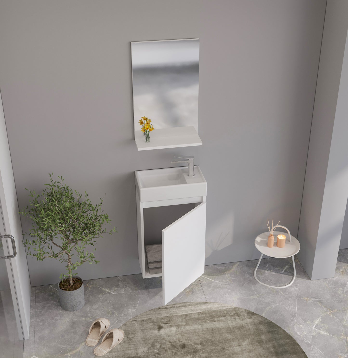 Orka Conza Badmöbel Set 45 cm Weiß mit Spiegel & Keramik Waschbecken - Gäste-WCs