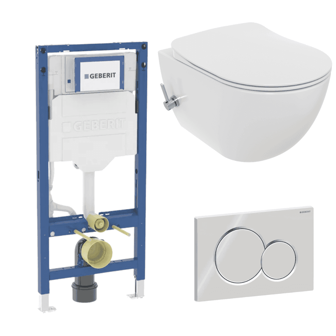 Dusch WC von Geberit mit Wandrahmen, weißem Wand-WC und Betätigungsplatte von SuVit