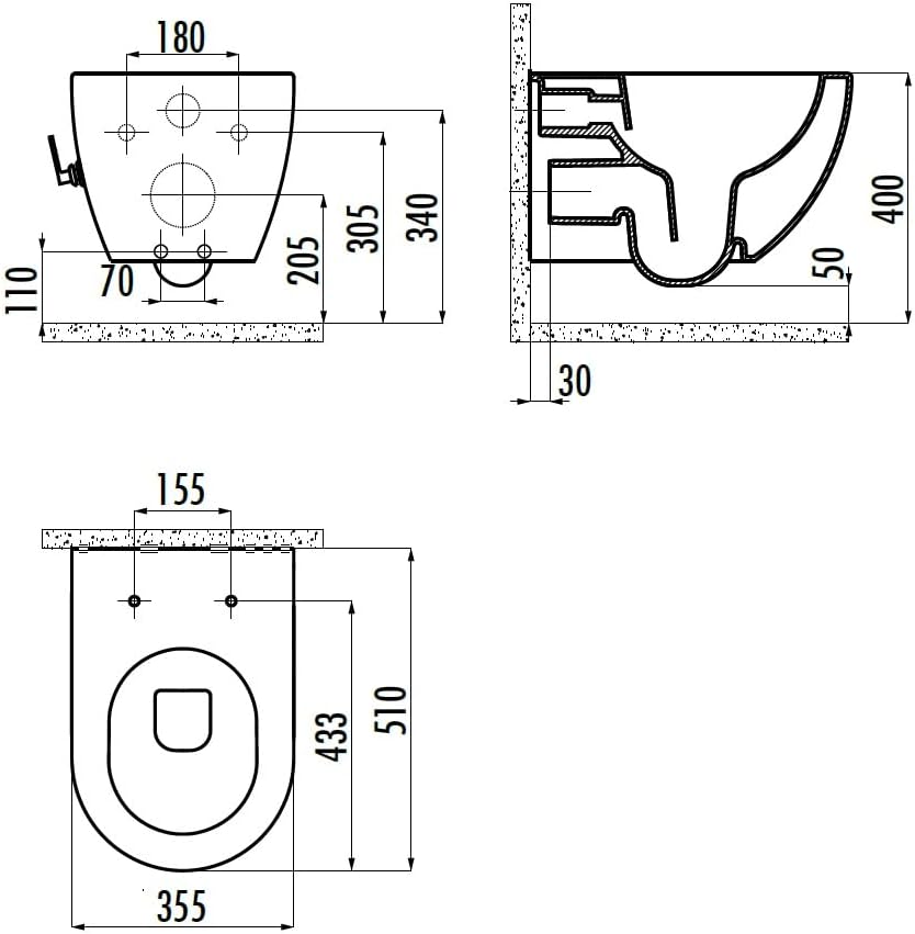 Technische Maßzeichnung eines wandhängenden WCs mit Front- und Seitenansicht sowie detaillierten Montage- und Einbaumaßen