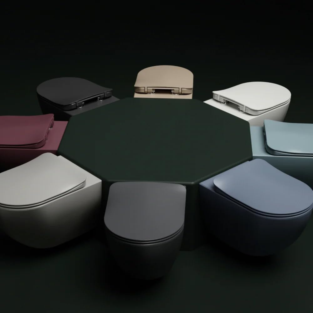 Moderne Hänge-WC-Modelle in verschiedenen Farben, minimalistisches Badkonzept mit matter Oberfläche