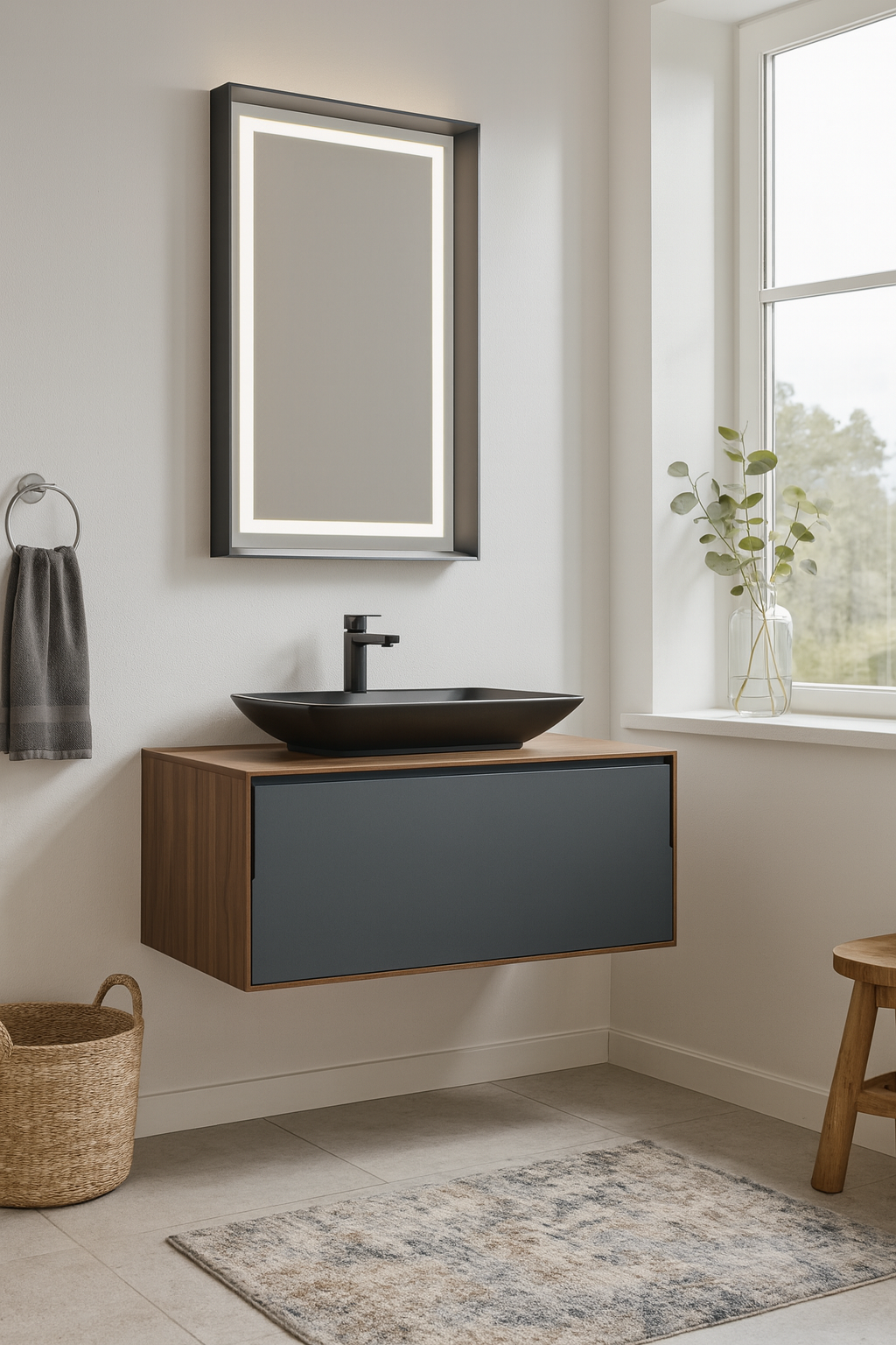 Orka Kraft Badmöbel 100/120cm | Kompaktlaminat | Keramik Waschbecken&LED-Spiegel