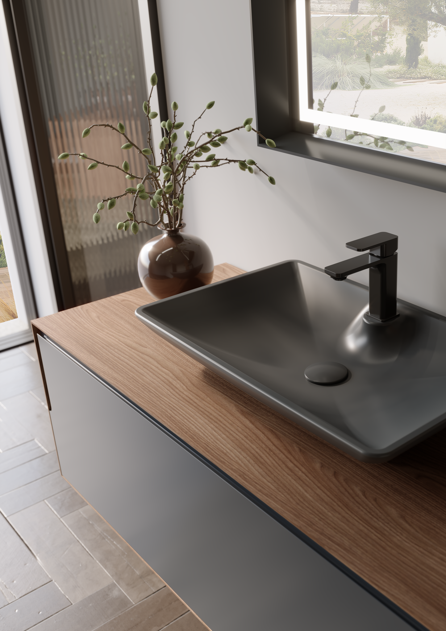 Orka Kraft Badmöbel 100/120cm | Kompaktlaminat | Keramik Waschbecken&LED-Spiegel