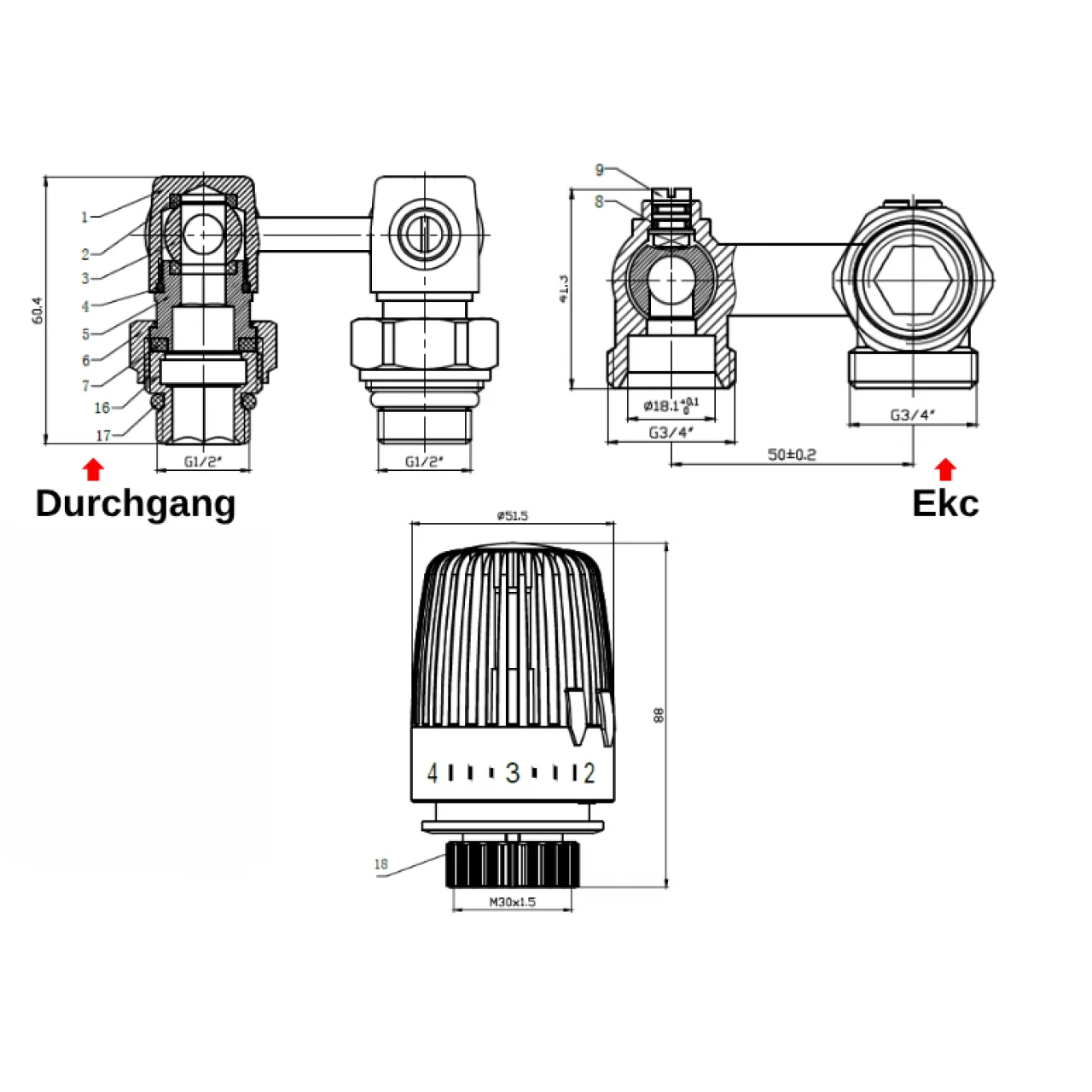 Anschlussarmatur Eck- oder Durchgang Set Inkl. Thermostatkopf