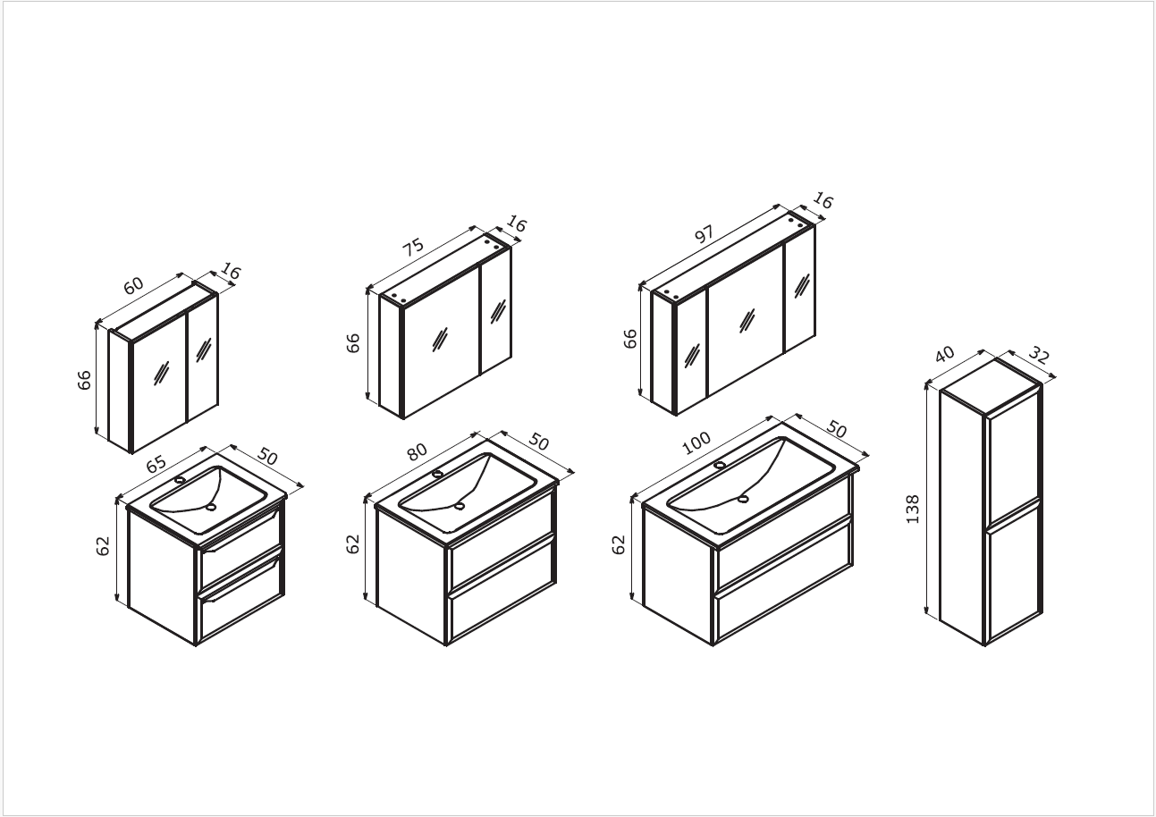 Maßzeichnung eines Badezimmermöbel Sets mit Spiegelschrank, Waschtischunterschrank und Hochschrank – verschiedene Breiten (60, 80, 100 cm) mit detaillierten Abmessungen in cm.