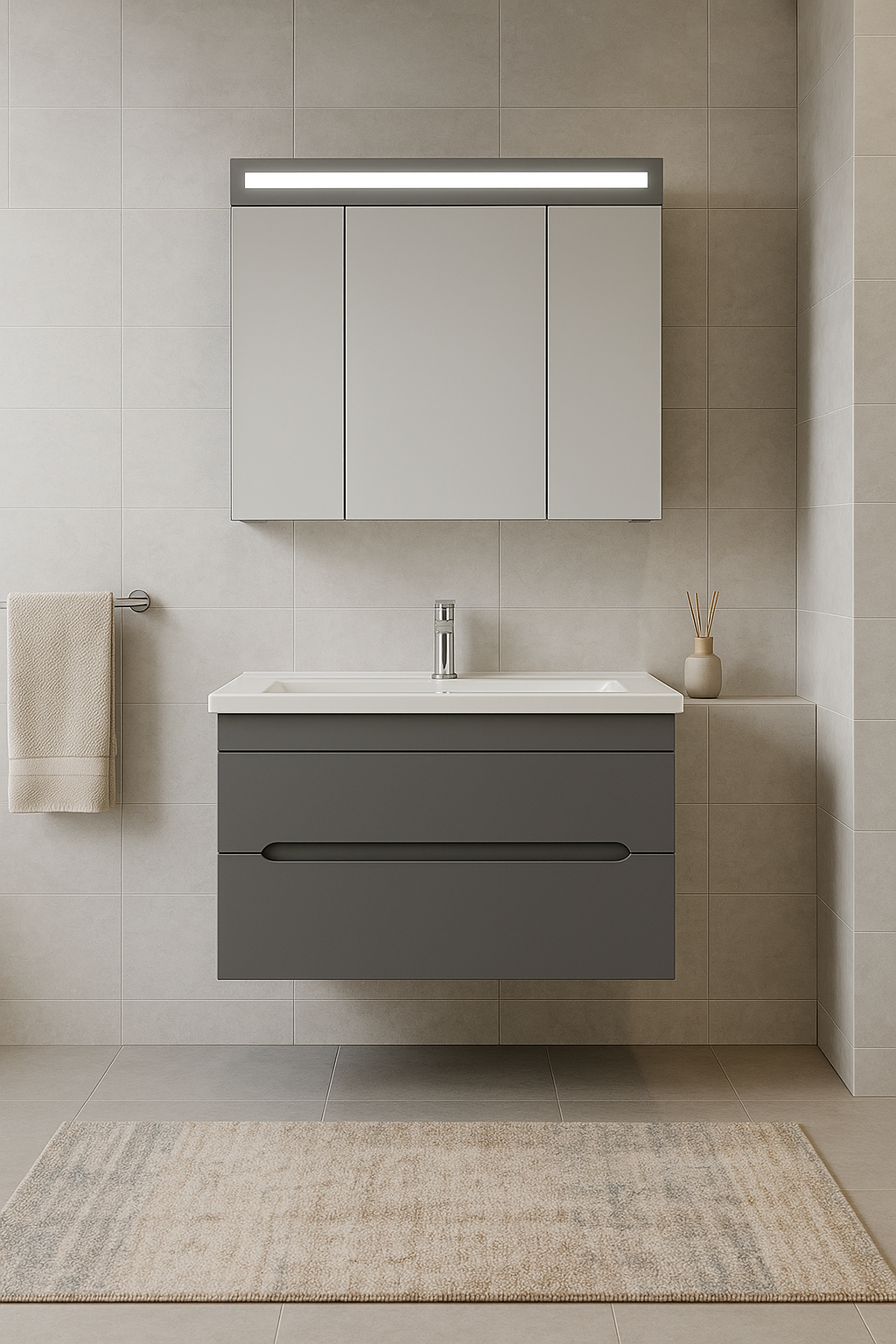 Orka Varna Badmöbel 80/100cm Keramikbecken mit Schubladen + LED Spiegelschrank
