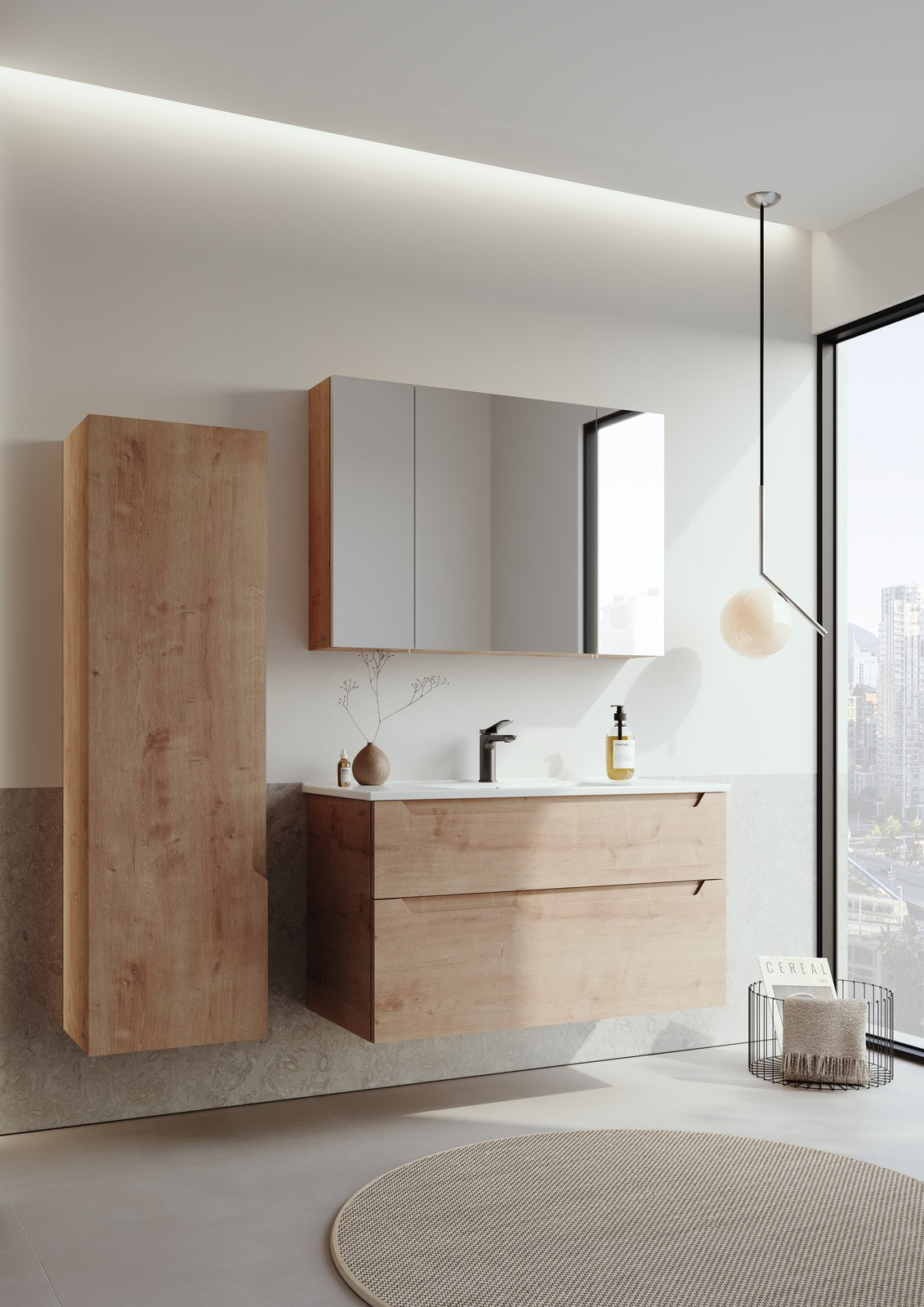 Orka Messina Badmöbel Set 80/100cm Keramik Waschbecken&Spiegelschrank Weiß/Eiche