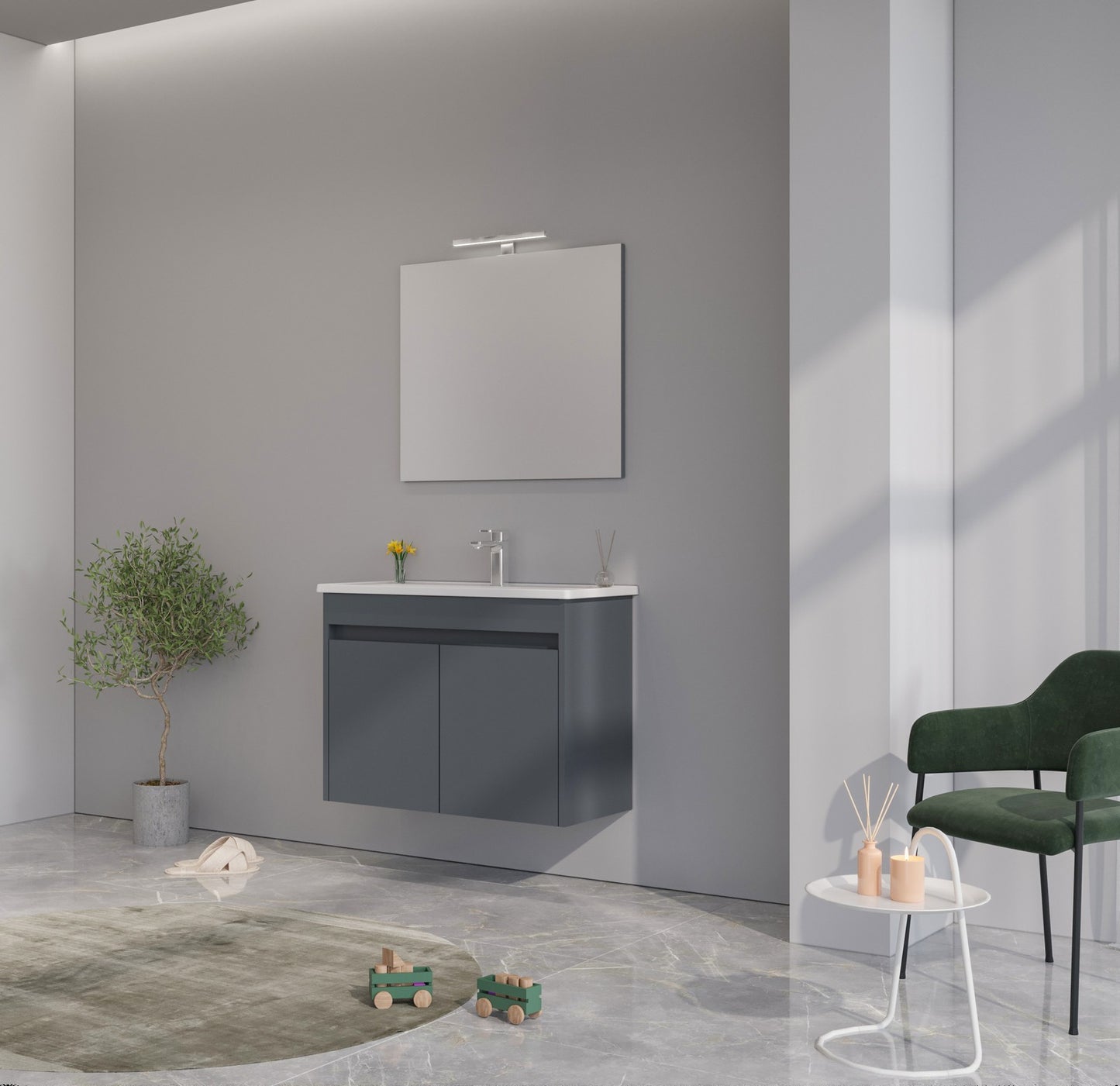 Orka Lova Badmöbel-Set | 60 cm / 80 cm | Weiß, Anthrazit, Eiche Hell/Dunkel | Mit Keramik-Waschbecken & LED Spiegel | Soft-Close Schubladen