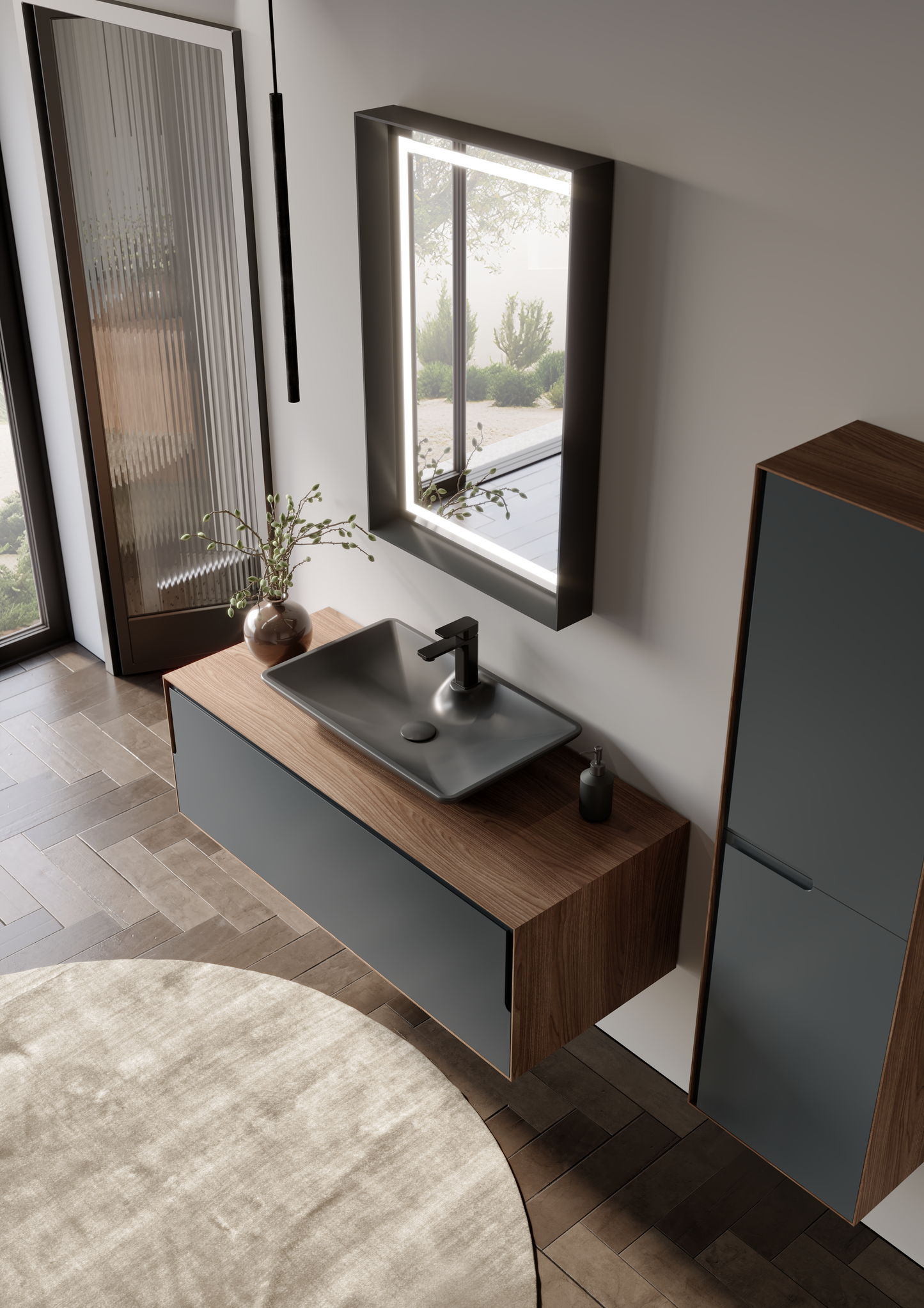 Orka Kraft Badmöbel 100/120cm | Kompaktlaminat | Keramik Waschbecken&LED-Spiegel