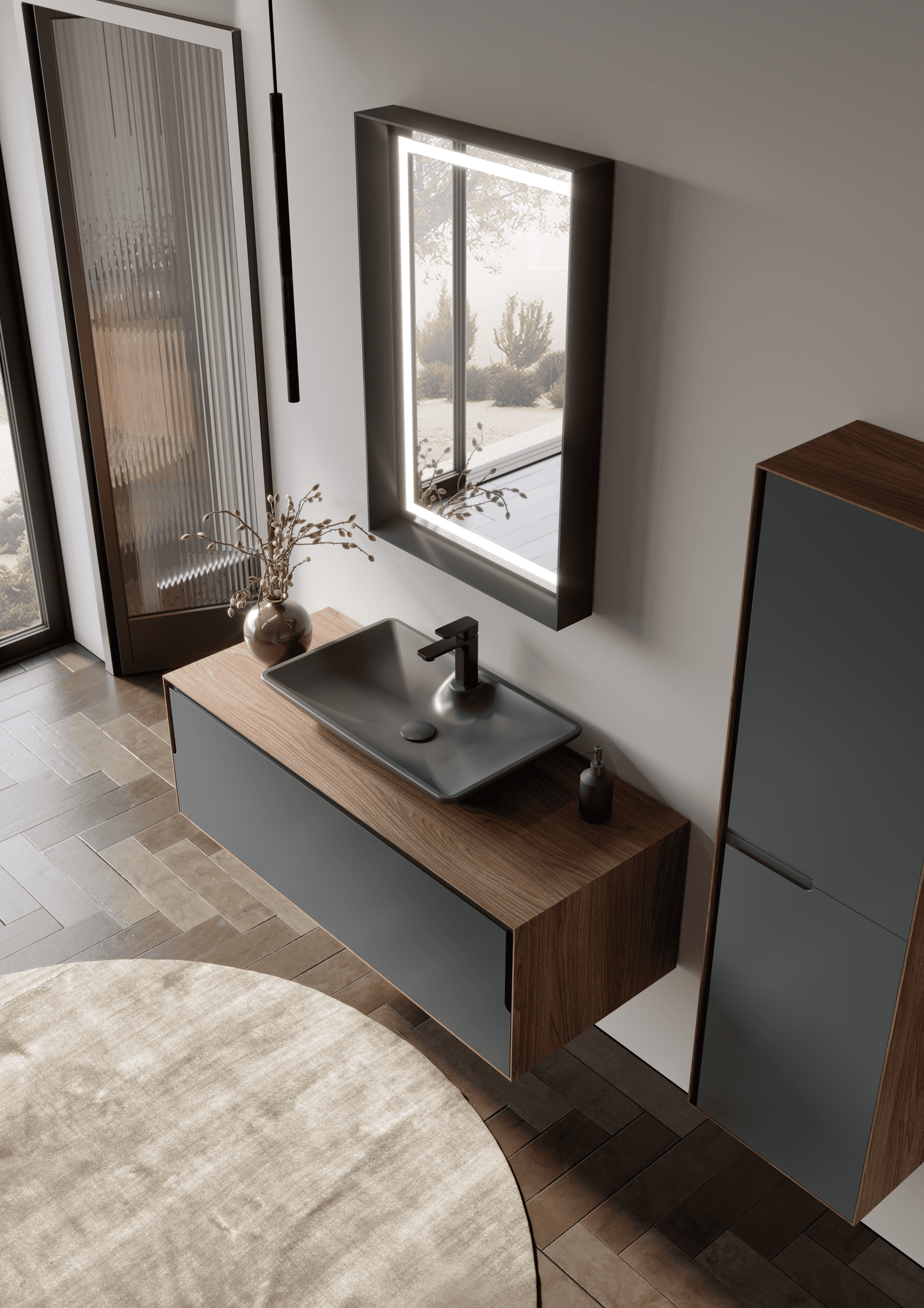 Orka Kraft Badmöbel 100/120cm | Kompaktlaminat | Keramik Waschbecken&LED-Spiegel - SuVit