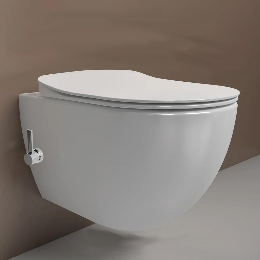 Creavit FREE Dusch-WC Taharet-WC Bidet Häng WC spülrandlos mit Armatur für Kaltwasser und Edelstahldüse inkl. Soft-Close WC-Deckel