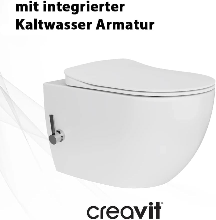 Creavit FREE Dusch-WC Taharet-WC Bidet Häng WC spülrandlos mit Armatur für Kaltwasser und Edelstahldüse inkl. Soft-Close WC-Deckel