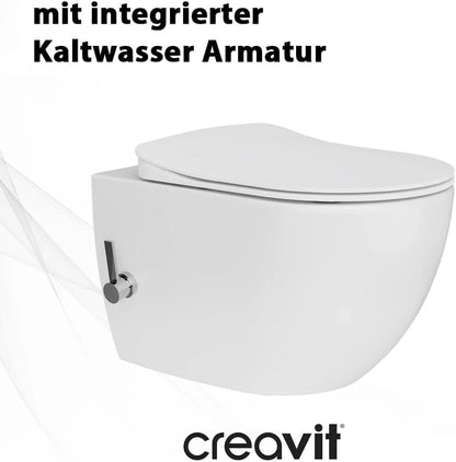 Creavit FREE Dusch-WC Taharet-WC Bidet Häng WC spülrandlos mit Armatur für Kaltwasser und Edelstahldüse inkl. Soft-Close WC-Deckel