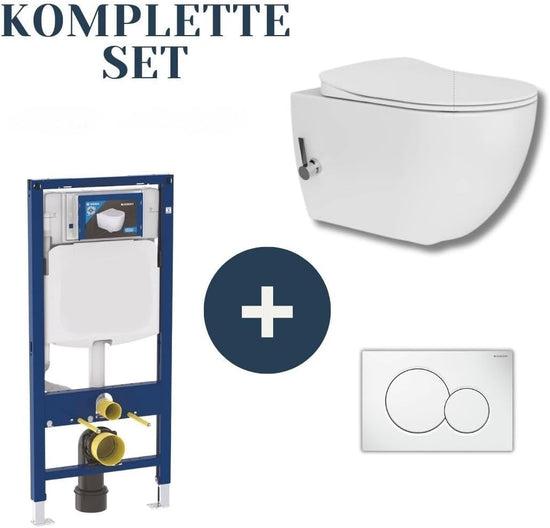 Komplettset Wand-WC,WC mit Taharet Bidet und Armatur,Spülrandlos,WC Sitz mit Absenkautomatik, Vorwandelement(6L/3L), Betätigungsplatte