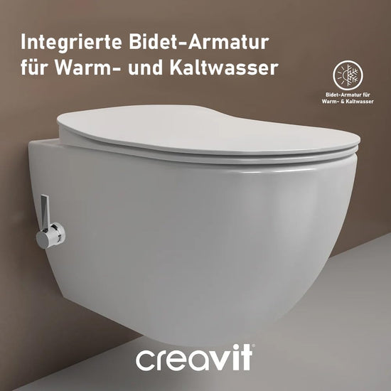 Creavit FREE Dusch WC Komplettanlage spülrandlos – Wandhängend Hänge-Bidet WC mit Warm-/Kaltwasser, Softclose WC Sitz