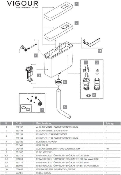 VIGOUR Spülkasten, Start-Stopp, 6-9 L Füllventil wassersparend, weiss V2SP9N
