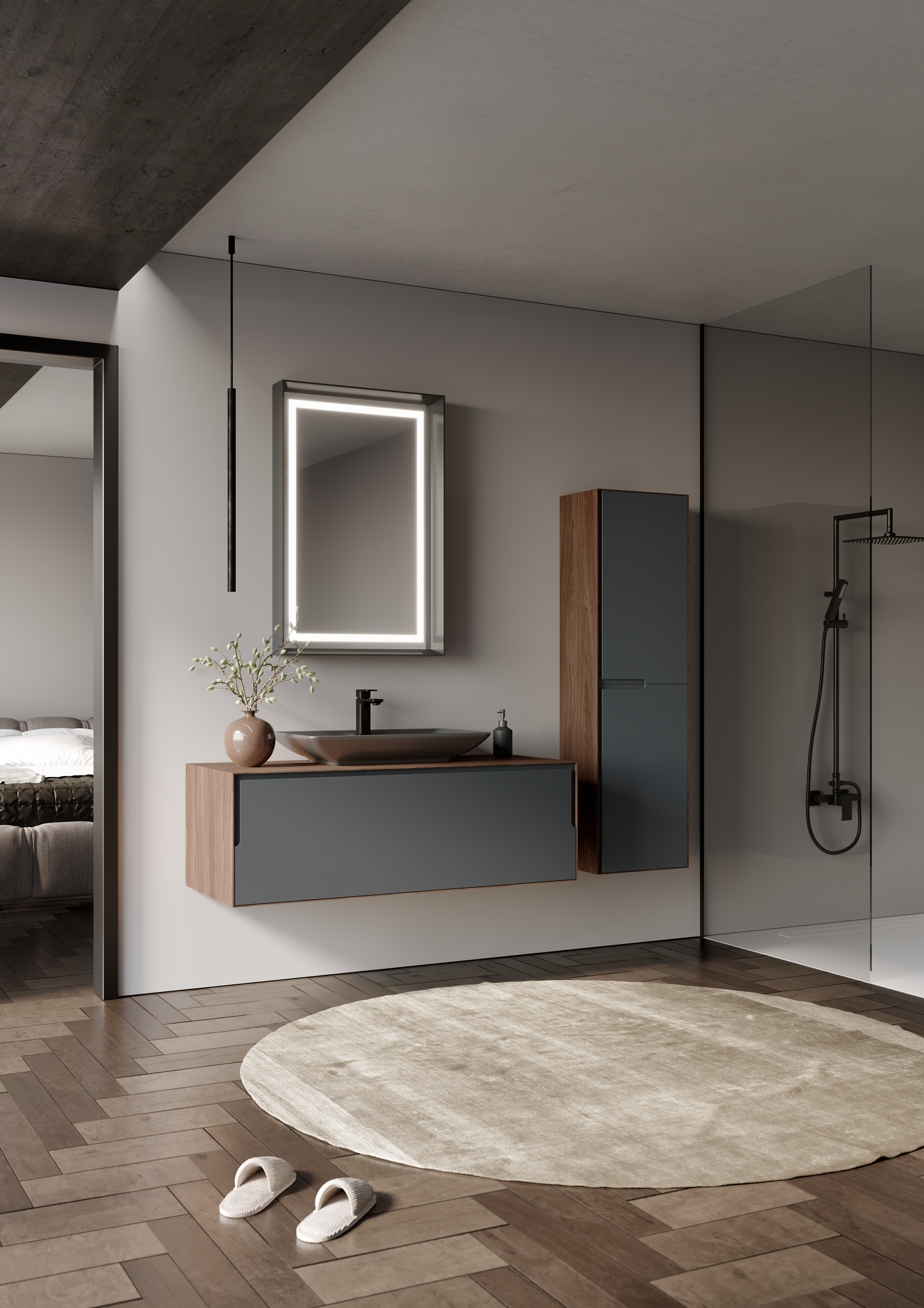 Orka Kraft Badmöbel 100/120cm | Kompaktlaminat | Keramik Waschbecken&LED-Spiegel