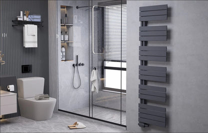 Anthrazit vertikaler Handtuchheizkörper in modernem Badezimmer mit Walk-in-Dusche