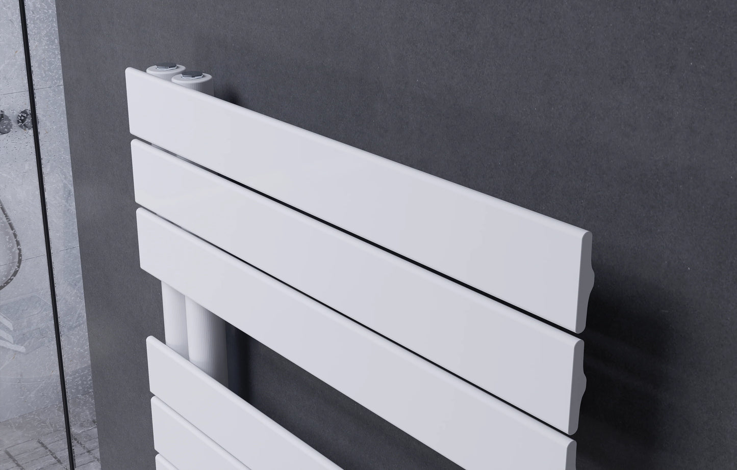 Detailaufnahme eines vertikalen Design-Handtuchheizkörpers mit flachen Heizpaneelen