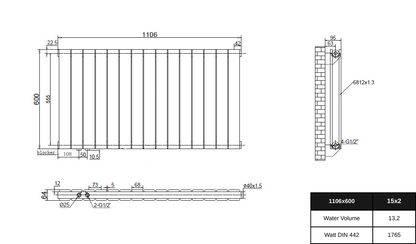 Technische Zeichnung eines Design-Heizkörpers 1106 x 600 mm mit Maßangaben, Anschlussdetails (G1/2"), 15x2 Elementen, 13,2 Liter Wasserinhalt und 1765 Watt Leistung nach DIN 442