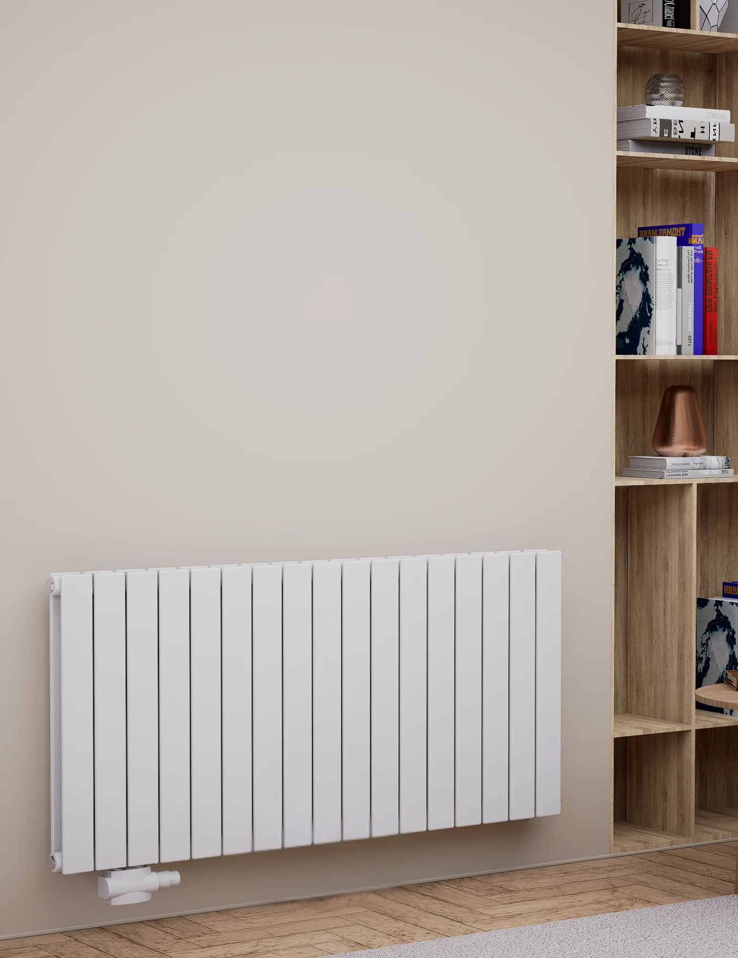 Moderner weißer Design-Heizkörper mit vertikalen Elementen – platzsparender Wandheizkörper für Wohnzimmer oder Büro, energieeffizient und stilvoll für moderne Innenräume