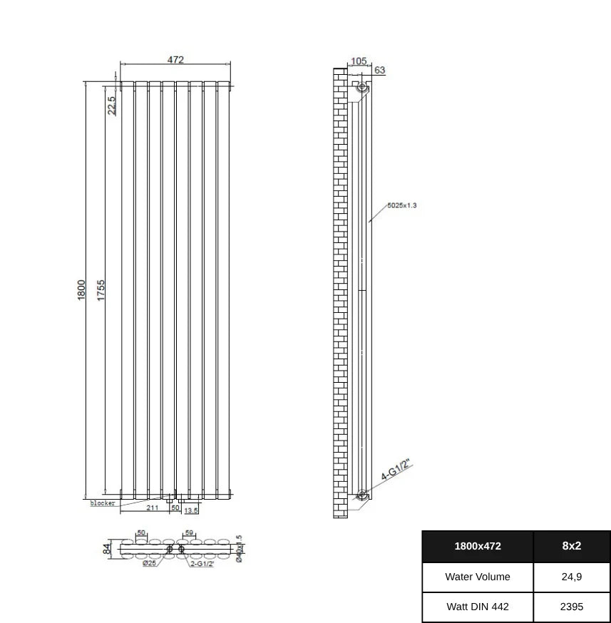 Vertikaler Heizkörper – technische Zeichnung mit Maßen, Anschlusspositionen, Wasservolumen und Heizleistung.