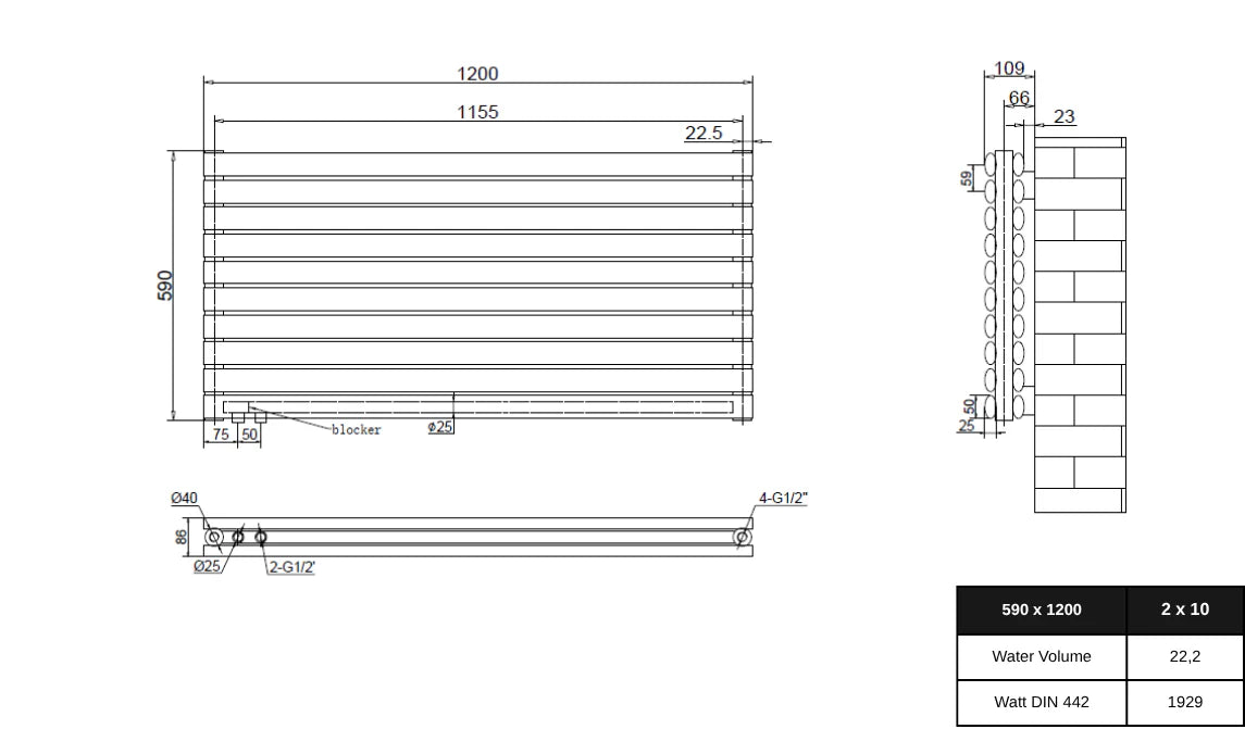 Technische Zeichnung eines horizontalen Badheizkörpers (Handtuchheizkörper) 590 × 1200 mm mit Anschlussmaßen, Wasservolumen und Heizleistung nach DIN 442