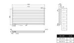 Technische Zeichnung eines horizontalen Badheizkörpers (Handtuchheizkörper) 590 × 1200 mm mit Anschlussmaßen, Wasservolumen und Heizleistung nach DIN 442