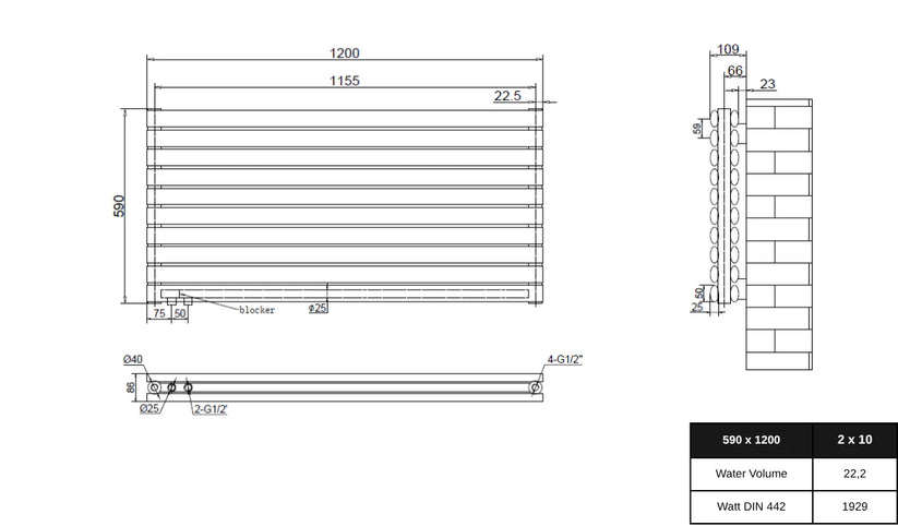 Technische Zeichnung eines horizontalen Badheizkörpers (Handtuchheizkörper) 590 × 1200 mm mit Anschlussmaßen, Wasservolumen und Heizleistung nach DIN 442