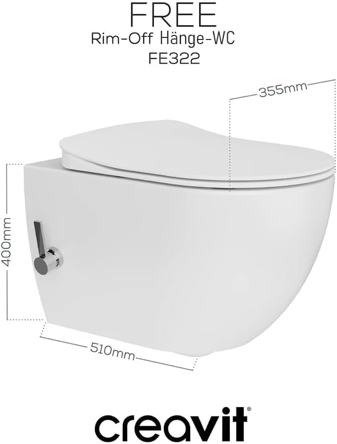 Weißes Rim-Off Hänge-WC mit integrierter Kaltwasserarmatur, Modell FE322, mit Maßen 510 × 355 × 400 mm.