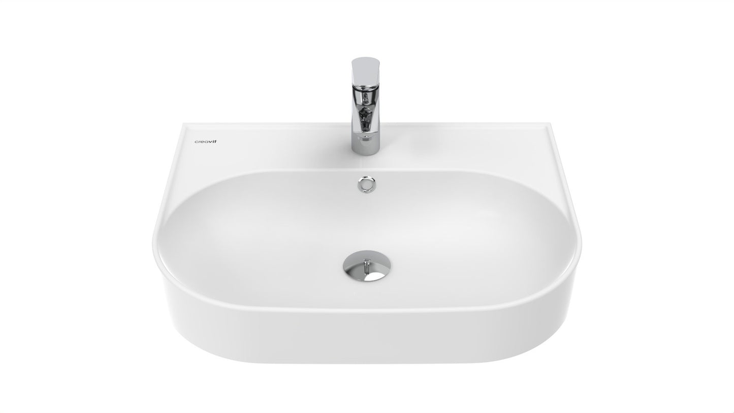 Weißes Waschbecken mit abgerundeter Form und mittiger Armaturenbohrung.