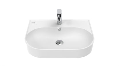 Weißes Waschbecken mit abgerundeter Form und mittiger Armaturenbohrung.