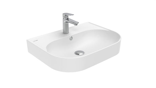 Weißes Waschbecken mit abgerundeter Form und mittiger Armaturenbohrung.