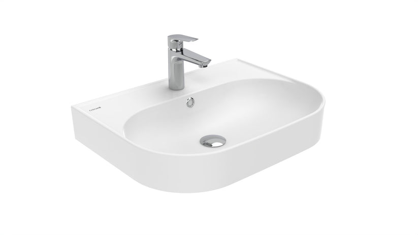 Weißes Waschbecken mit abgerundeter Form und mittiger Armaturenbohrung.