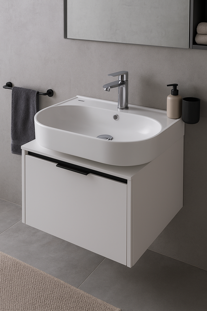 Weißer Waschtisch mit integriertem Waschbecken und wandhängendem Unterschran