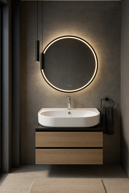 Wandhängender Waschtisch mit integriertem Waschbecken und rundem LED-Spiegel.