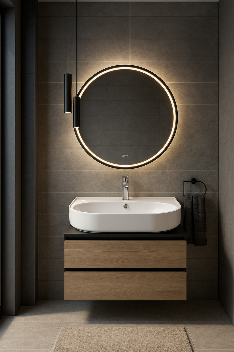Wandhängender Waschtisch mit integriertem Waschbecken und rundem LED-Spiegel.