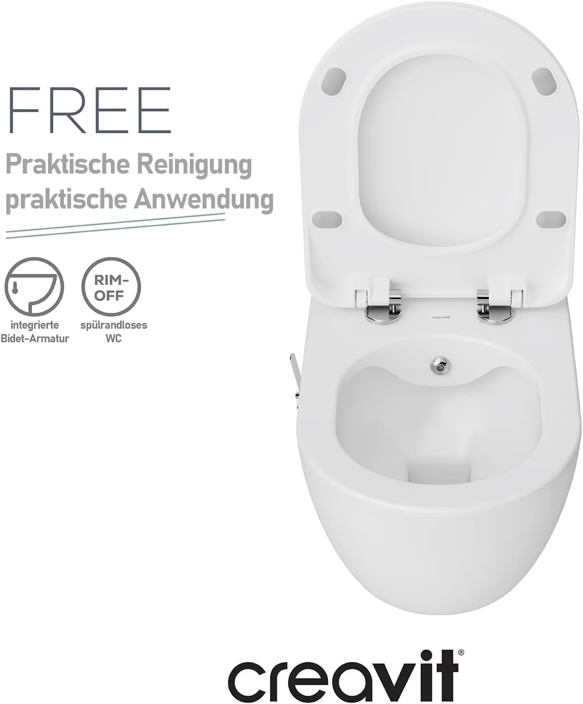 Weißes Rim-Off Hänge-WC mit integrierter Bidet-Armatur, Draufsicht mit offenem Sitz.