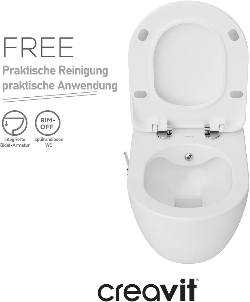 Weißes Rim-Off Hänge-WC mit integrierter Bidet-Armatur, Draufsicht mit offenem Sitz.