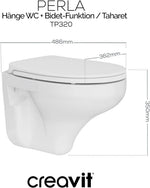Wandhängendes Dusch-WC mit Taharet und Softclose, weiß, mit Maßangaben