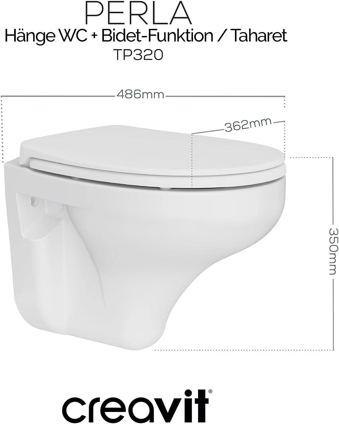 Wandhängendes Dusch-WC mit Taharet und Softclose, weiß, mit Maßangaben