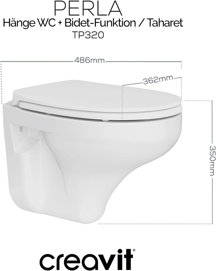 Hänge-WC mit integrierter Bidet-Funktion (Taharet), Modell Perla, kompakte Maße und modernes Keramikdesign