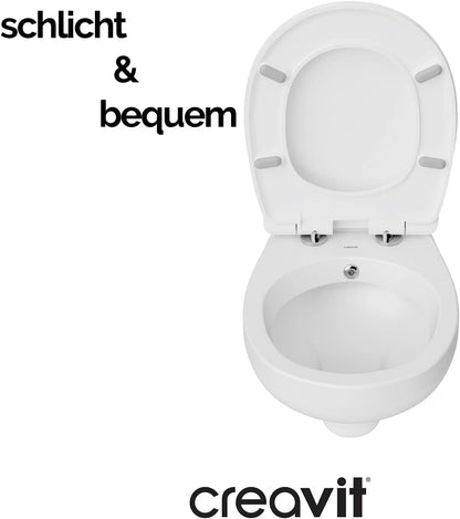 Weißes Hänge-WC mit geöffnetem WC-Sitz, schlichtes und komfortables Design für moderne Badezimmer