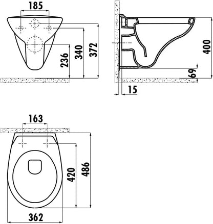 Technische Maßzeichnung eines Hänge-WCs, Abmessungen und Montage­maße der wandhängenden Toilette