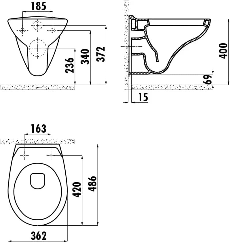 Technische Maßzeichnung eines Hänge-WCs, Abmessungen und Montage­maße der wandhängenden Toilette