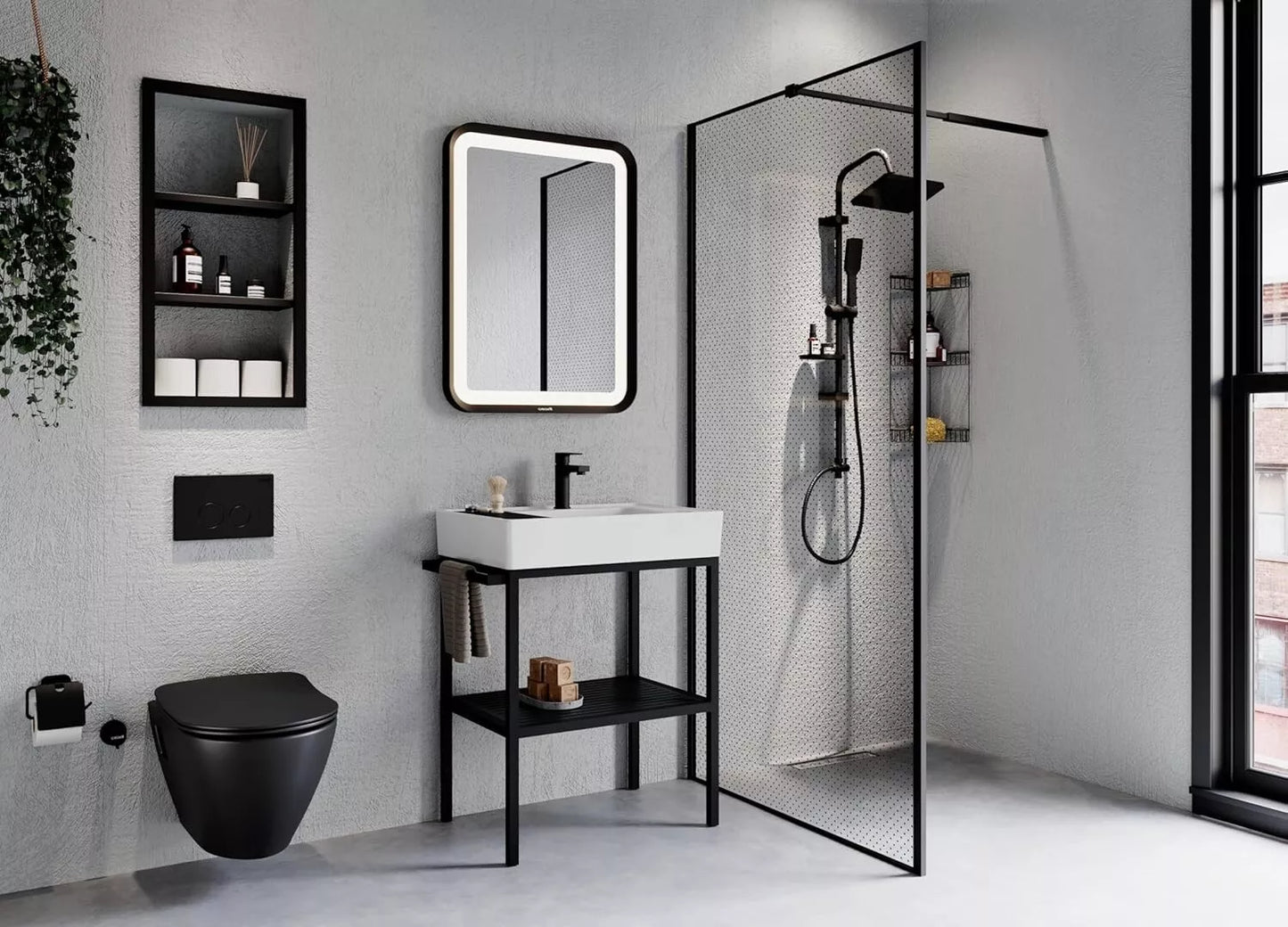 Modernes Badezimmer im Industrial-Design mit schwarzem Hänge-WC, minimalistischer Waschtisch, LED-beleuchtetem Spiegel und Glasduschwand in stilvollem Ambiente