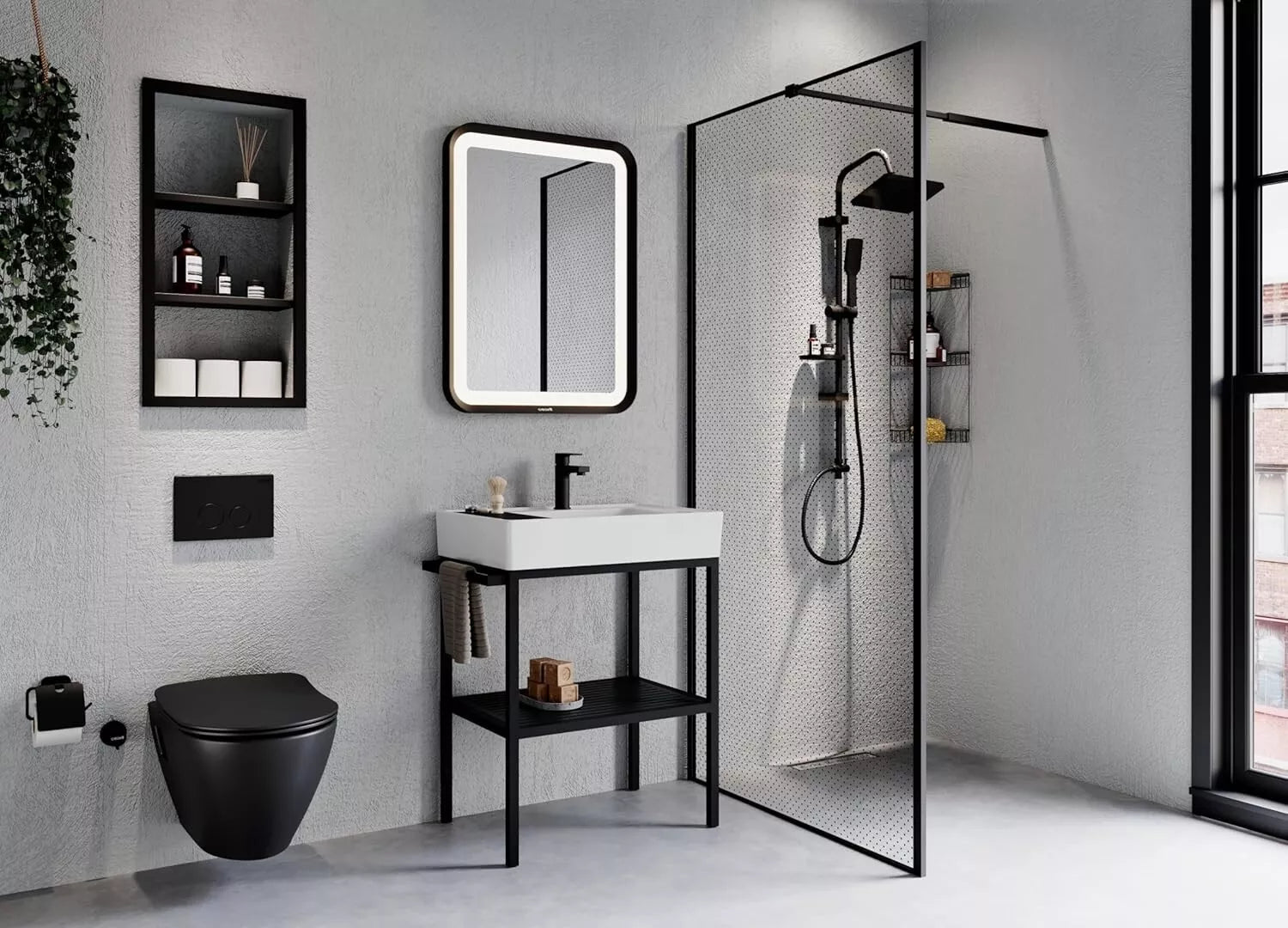 Modernes Badezimmer im Industrial-Design mit schwarzem Hänge-WC, minimalistischer Waschtisch, LED-beleuchtetem Spiegel und Glasduschwand in stilvollem Ambiente