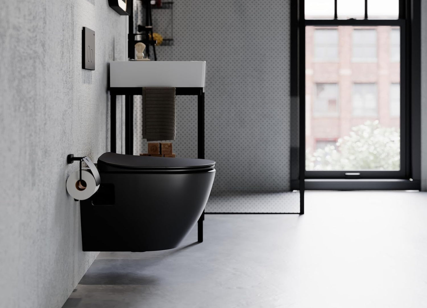 Modernes Badezimmer mit wandhängendem schwarzen WC, minimalistisches Design, Hänge-WC für leichte Reinigung, stilvolle industrielle Badgestaltung